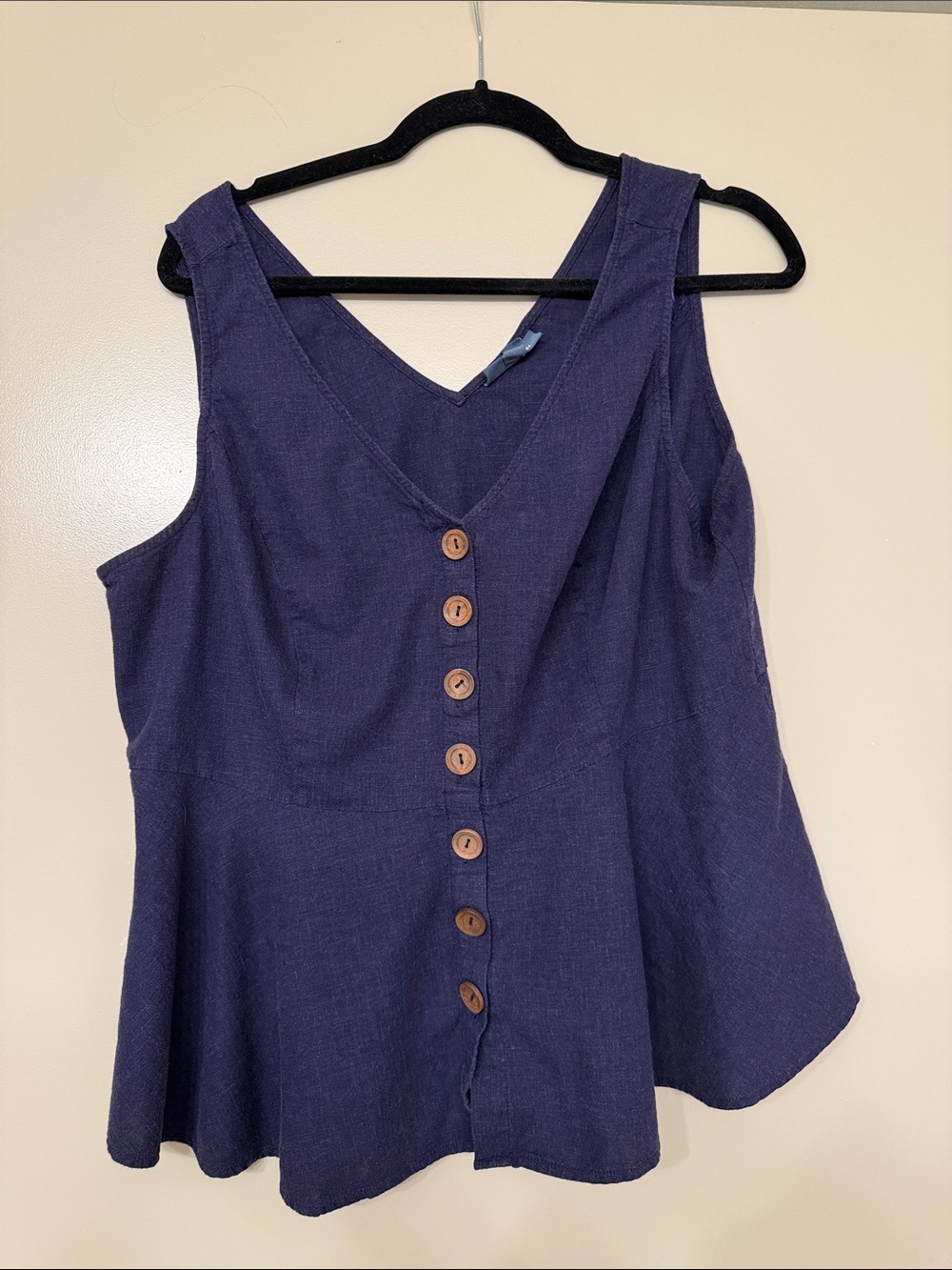 2X ModCloth Linen Peplum Sleeveless V-Neck Navy Blouse